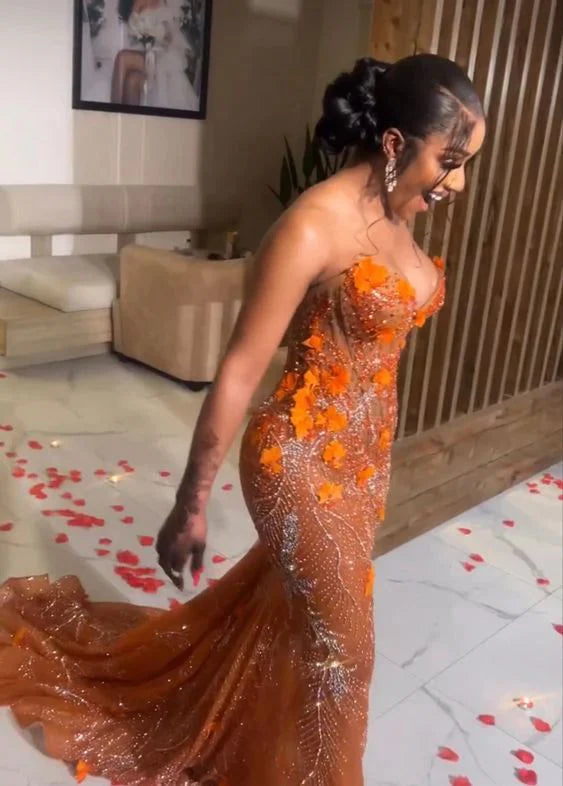 Orange Luxury Shiny Beaded V Neck Sexy Elegant Mermaid Slim Fit Long Floor Length Train Ball Gown Evening Gown Party Dress Prom Dress gh3660