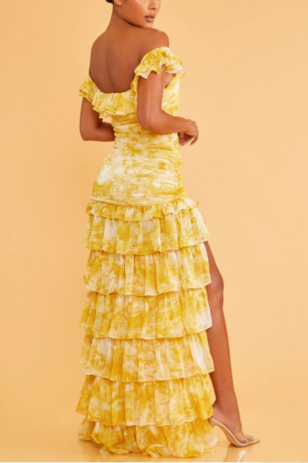 Girlhomeshops-Yellow sexy elegant floral ruffle long chiffon garden party dress wedding guest gown gh5205