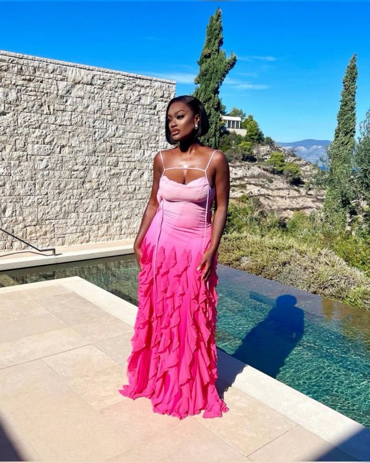 Rosa/Orange/Grün Gradient Spaghetti-trägern Mode Elegante Lange Rüschen Chiffon Ballkleid Abendkleid Party Kleid gh3252