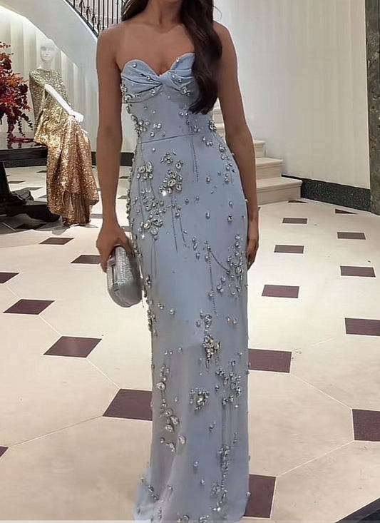 Sleeveless Light Blue Rhinestone-Embellished Gown gh6484