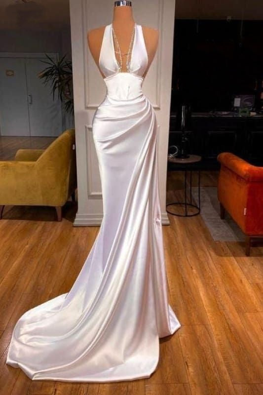 Girlhomeshops-White Elegant Long Satin Ball Gown Evening Dress Party Dress gh5033