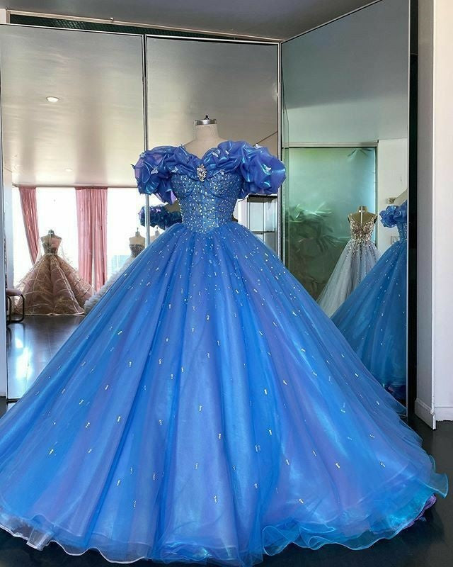 Blue gorgeous shiny elegant sweet long tulle ball gown evening dress adult ceremony dress gh3537