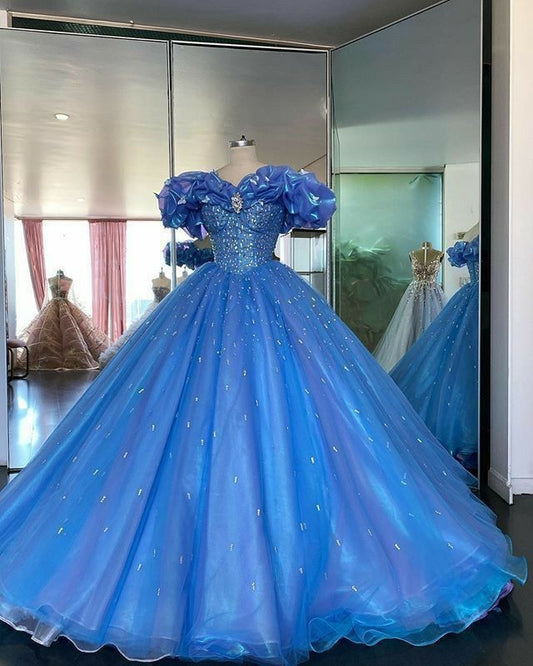 Blue gorgeous shiny elegant sweet long tulle ball gown evening dress adult ceremony dress gh3537