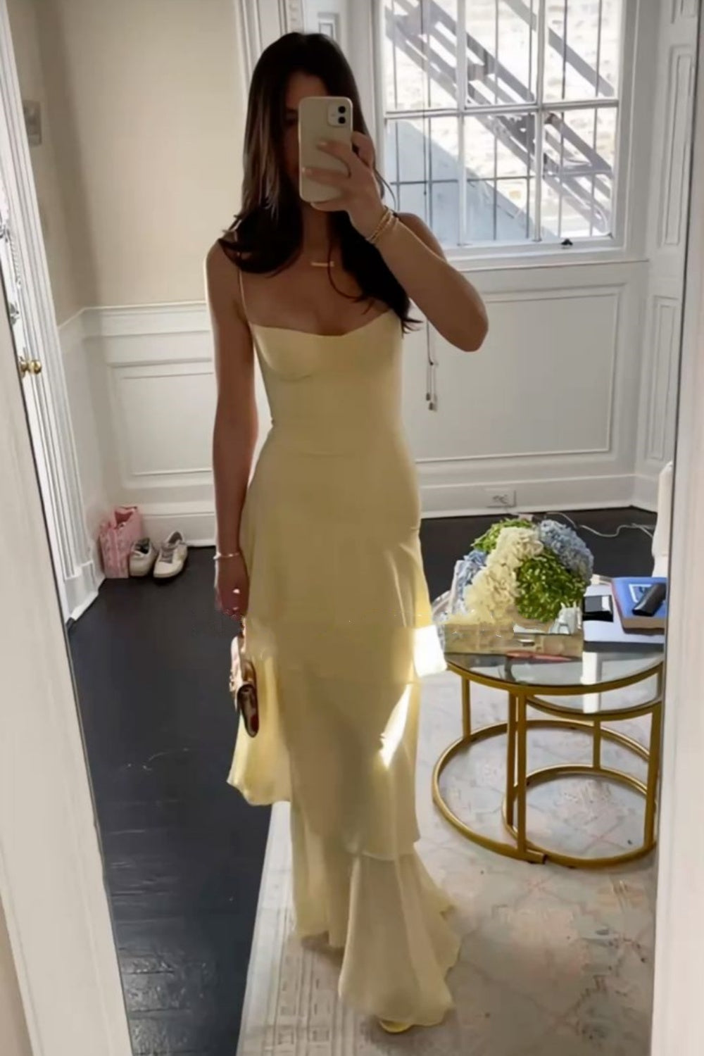 girlhomeshops-Gelbes lässiges, gerüschtes, langes Chiffonkleid gh5860