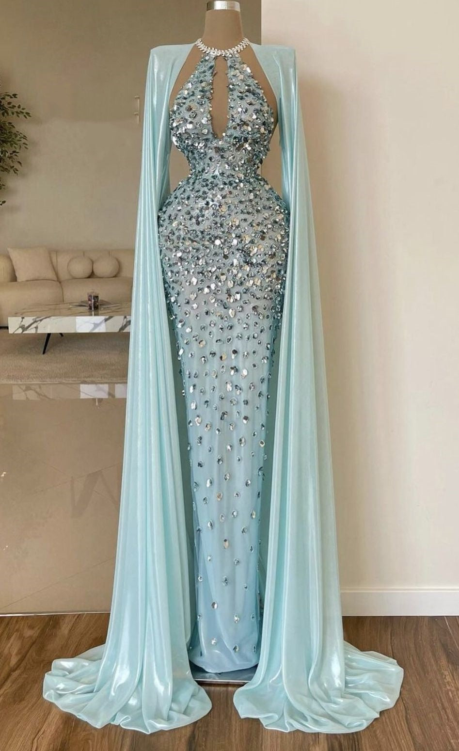 Girlhomeshops-Mint Green luxurious gorgeous beaded long satin prom dress evening gown gh5019