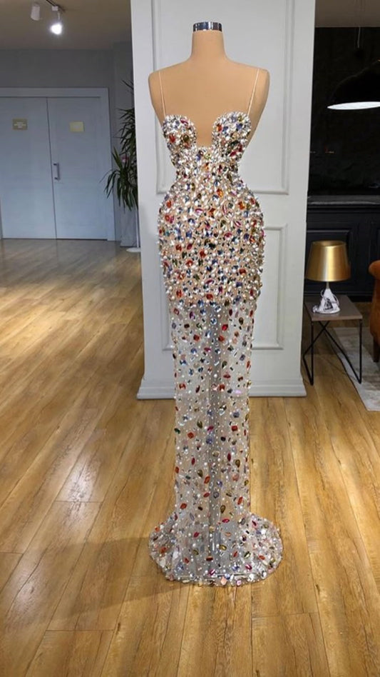 Girlhomeshops-Colorful Sexy Elegant Rhinestone Spaghetti Strap Long Prom Dress Evening Dress gh5036