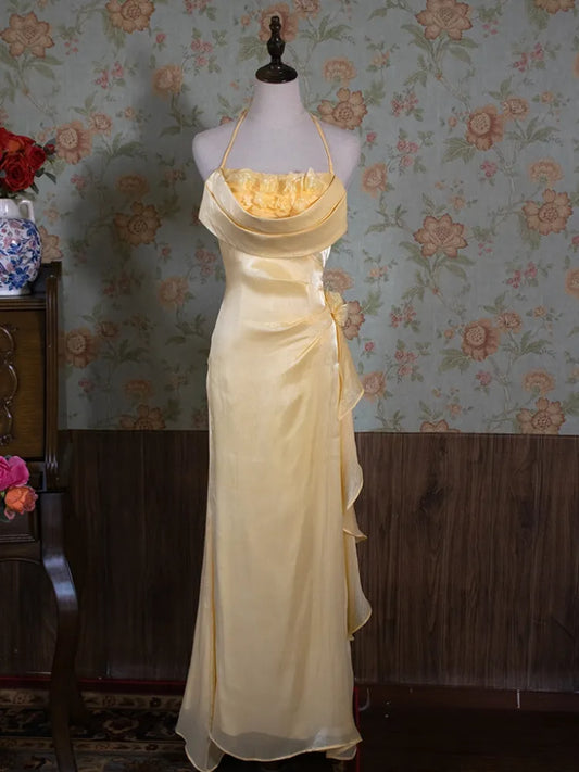 Robe de soirée longue dos nu à fleurs délicates et brillantes, jaune/vert/bordeaux, robe de fête d'anniversaire gh3385