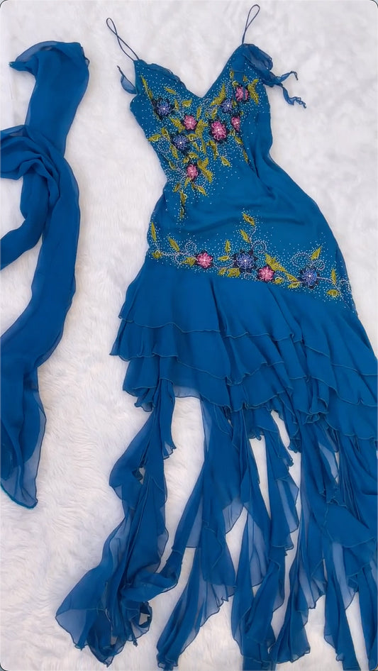 girlhomeshops - Robe de soirée vintage bleu royal brodée à la main, ourlet à volants gh6005