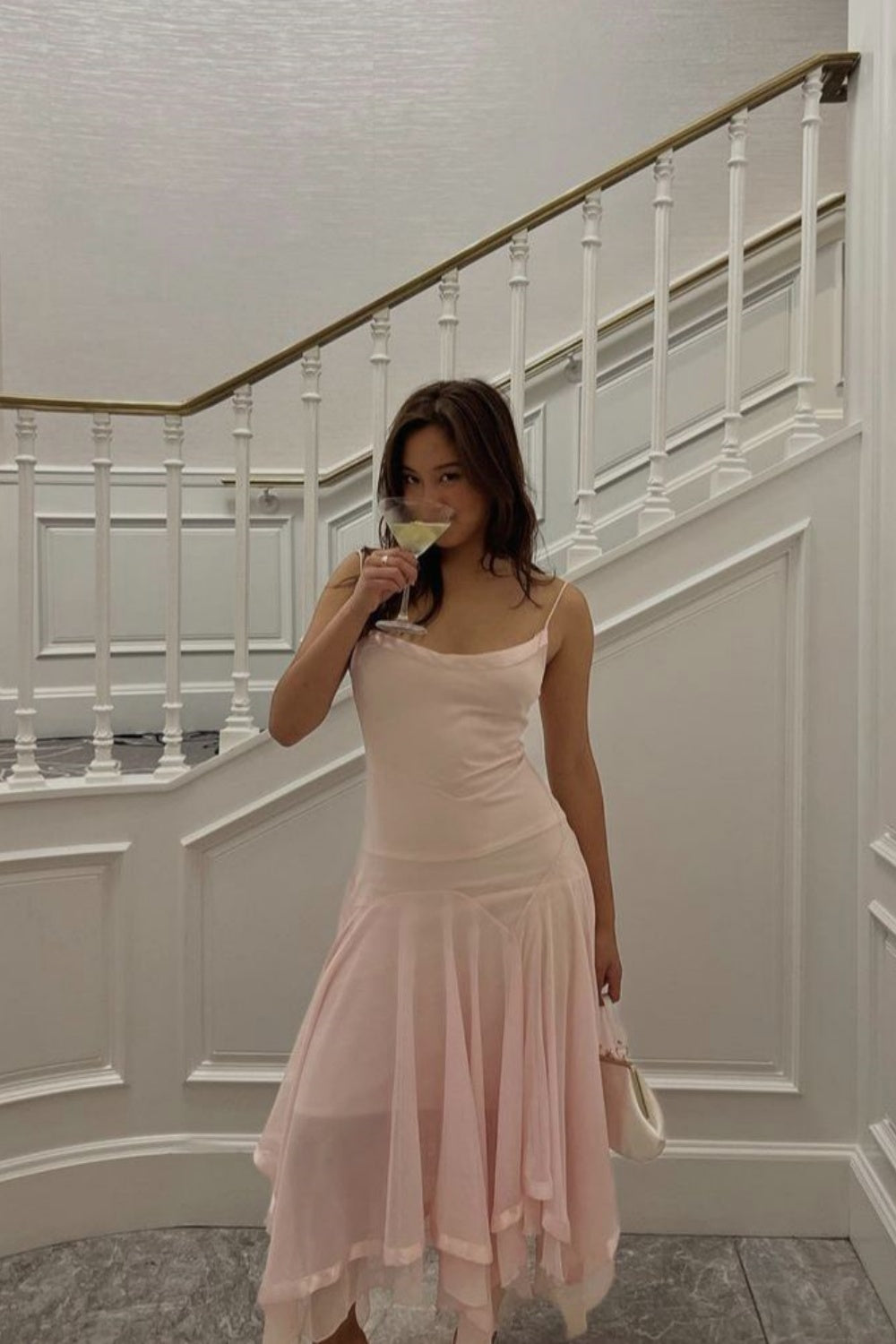 girlhomeshops – Rosa Spaghettiträger, langes Chiffon-Ballkleid mit Rüschen, gh5681