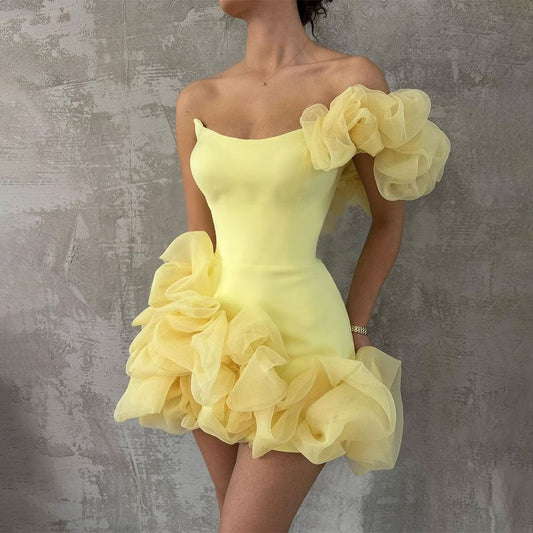 Girlhomeshops-Yellow one-shoulder fashion sweet bud skirt short chiffon homecoming dress birthday dress gh5269