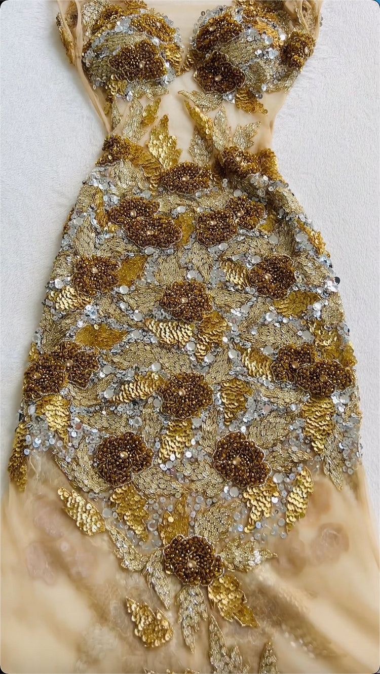 girlhomeshops - Robe sirène or champagne à perles lourdes, robe de soirée luxueuse ornée de sequins et de fleurs 3D gh6003