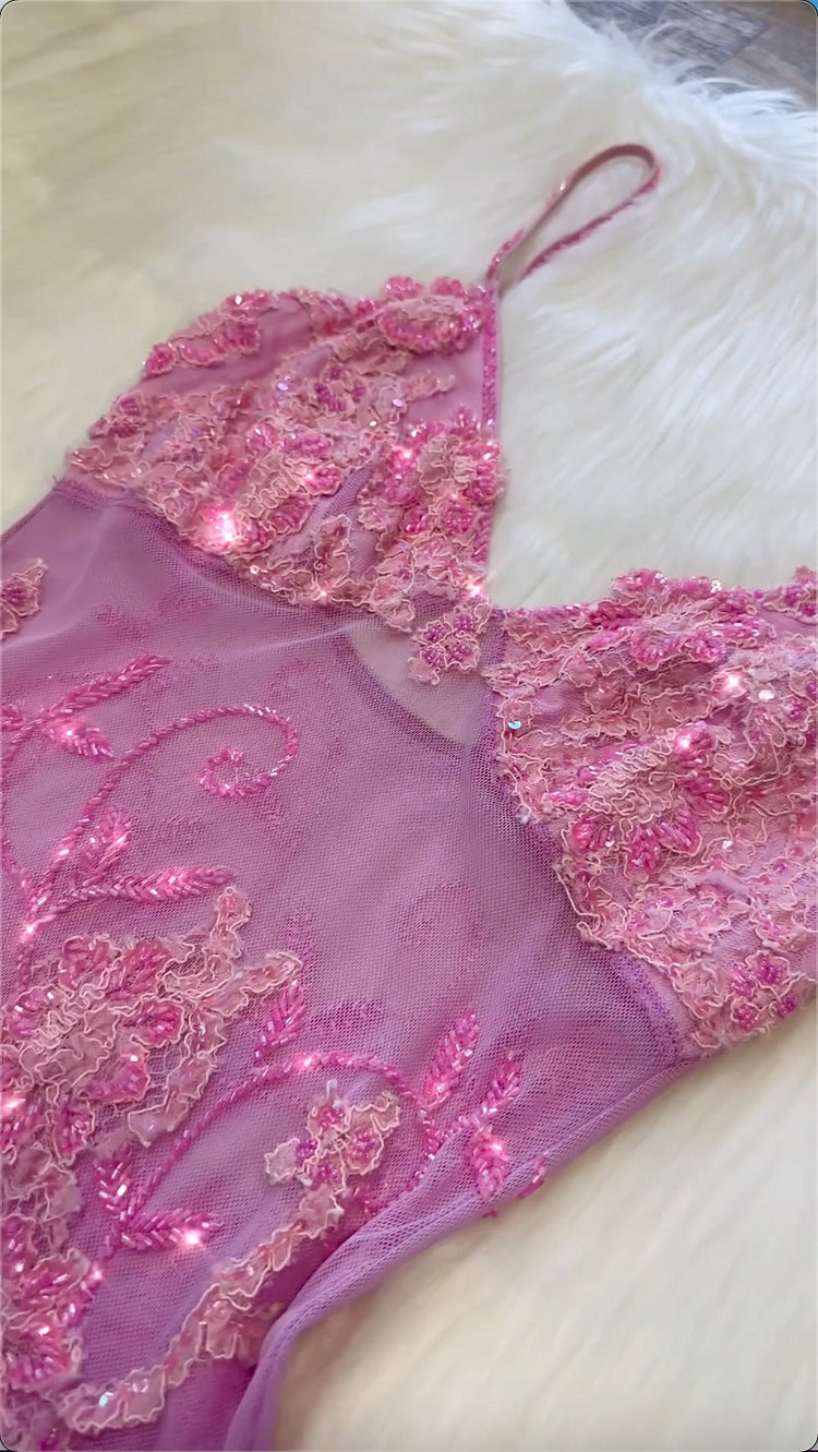 Pink Fashion Exquisite Beaded Spaghetti Strap A-Line Lace Floor Length Elegant Ball Gown Evening Dress gh3168