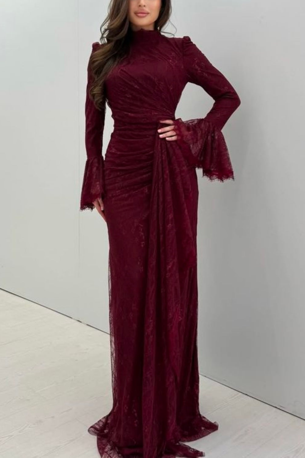 girlhomeshops-Burgundy Long-Sleeved Lace Long Dress gh6255