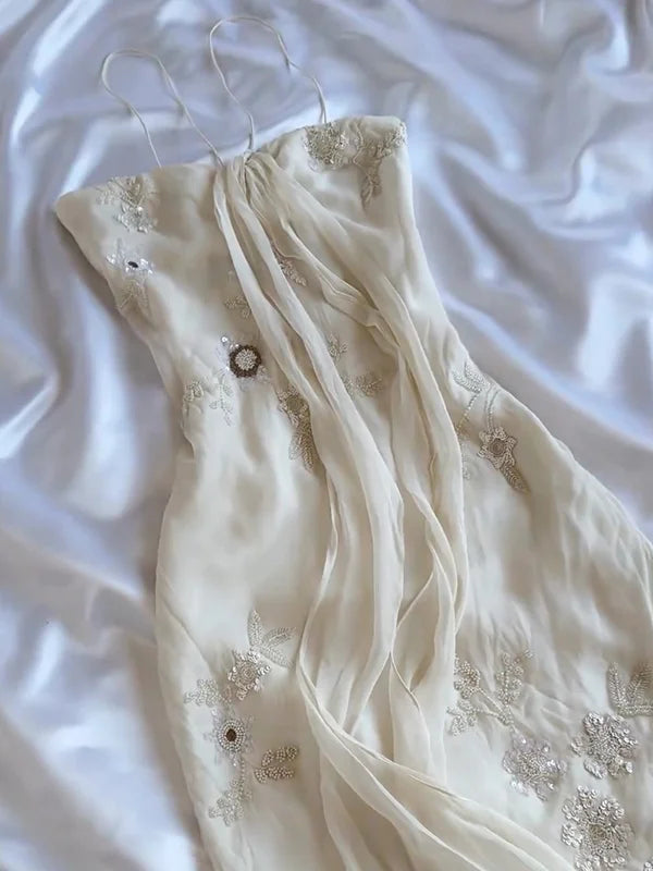 Robe de soirée longue en mousseline de soie, magnifique, légère et délicate, avec des bretelles spaghetti et des perles, gh3336