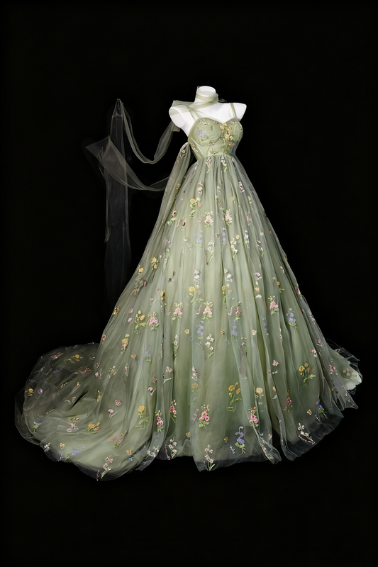 girlhomeshops-Green Delicate Floral Tulle Ball Gown gh6285