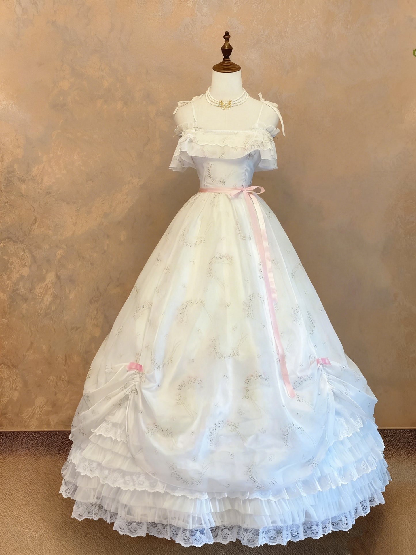 girlhomeshops-White Printed Tulle Spaghetti-Strap Ruffle-Embellished Floor-Length Lolita-Style Gown gh6370