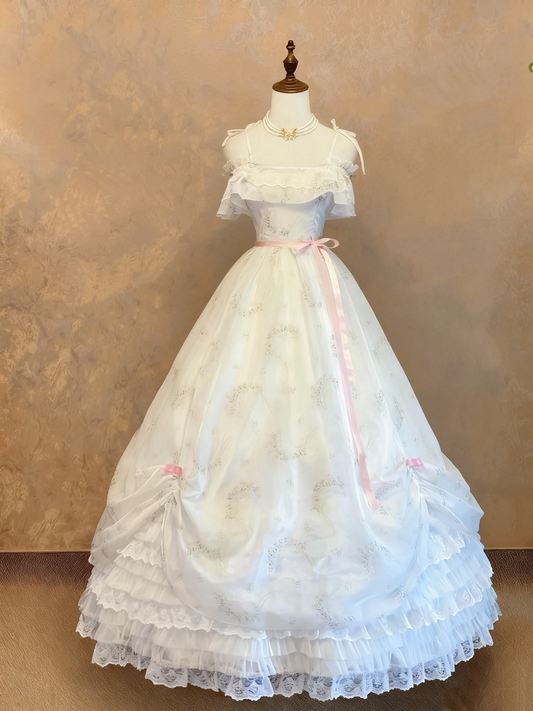 girlhomeshops-White Printed Tulle Spaghetti-Strap Ruffle-Embellished Floor-Length Lolita-Style Gown gh6370