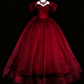 girlhomeshops-Burgundy Retro Sparkling Short-Sleeved Long Tulle Ball Gown gh6134