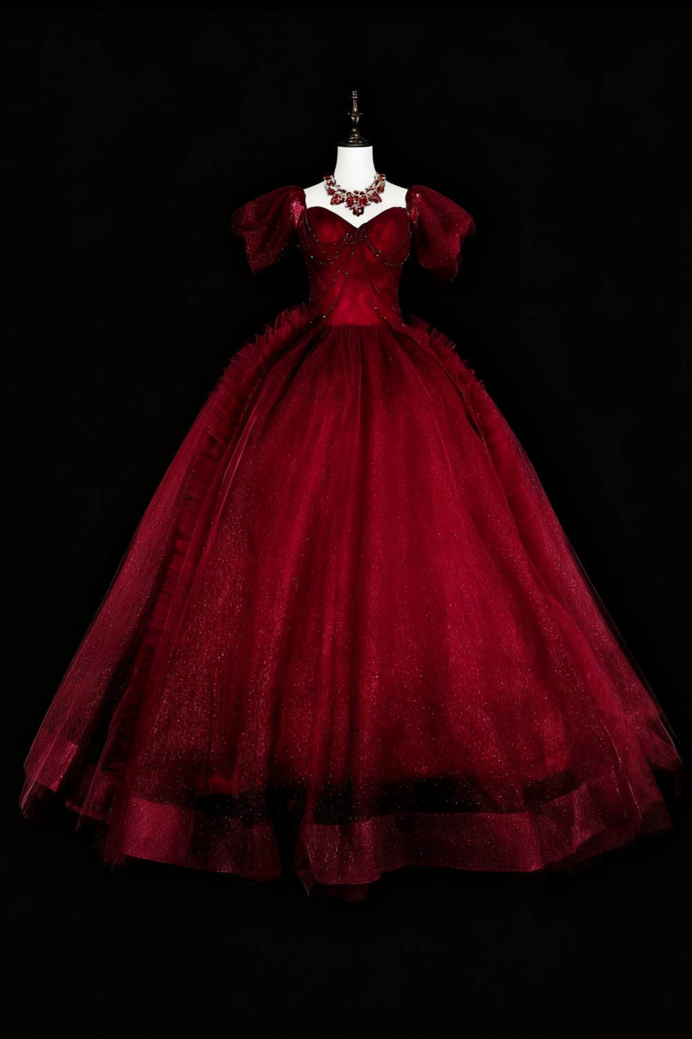 girlhomeshops-Burgundy Retro Sparkling Short-Sleeved Long Tulle Ball Gown gh6134