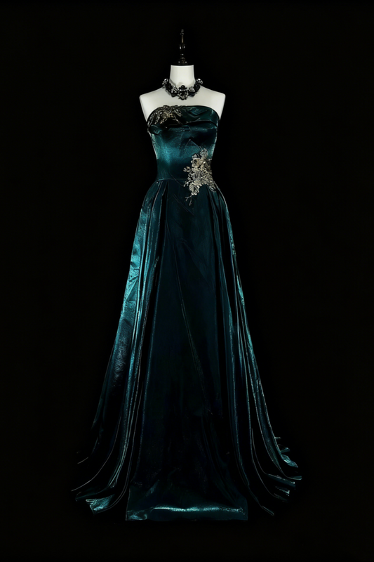 girlhomeshops-Teal Velvet Beaded Strapless Sleeveless Floor-Length Gothic Gown gh6318