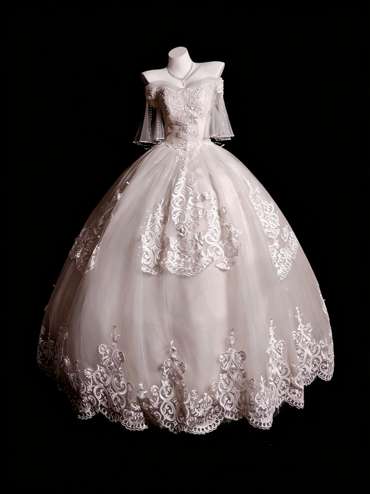 Luxury Court Style Satin & Tulle Floor-Length Ballgown Off-Shoulder Beaded Embroidery Train Wedding Dress - Ceremony Gown for Wedding & Engagement Banquet gh6494