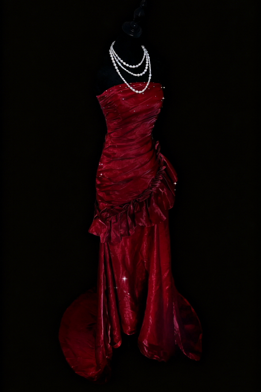 Robe de soirée bustier sans manches, style luxueux et sexy | Robe longue sirène en satin bordeaux scintillant, idéale pour un gala, un bal, des fiançailles ou un banquet (gh6421)