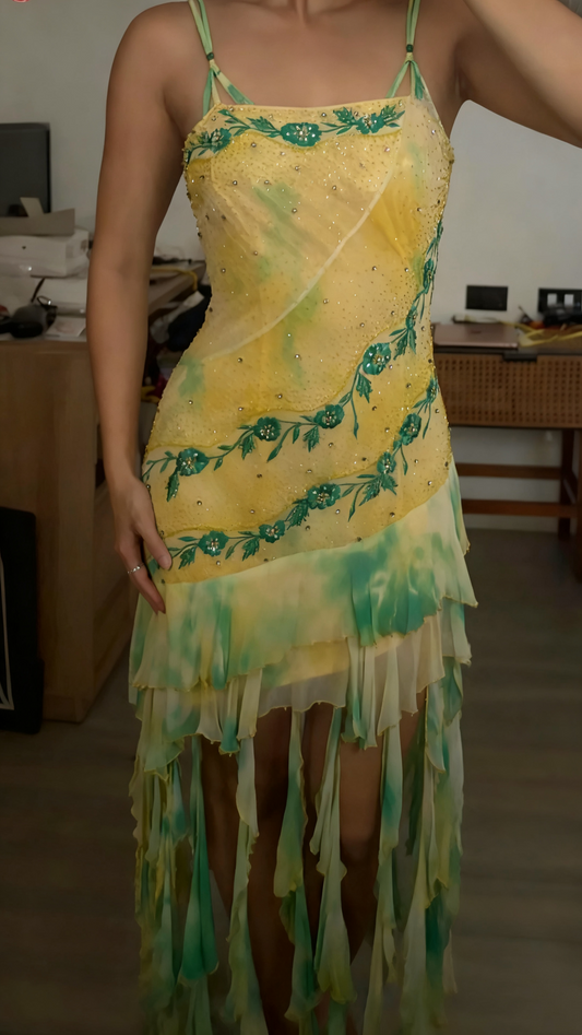 Spaghetti Strap Yellow-Green Ombre Embroidered Mini Dress | Fairy Luxury Sequin Fringe Tiered Gown for Party Gala gh6467