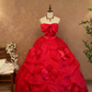 girlhomeshops-Crimson Satin Strapless Bow Rhinestone-Embellished Floor-Length Court-Style Gown gh6371