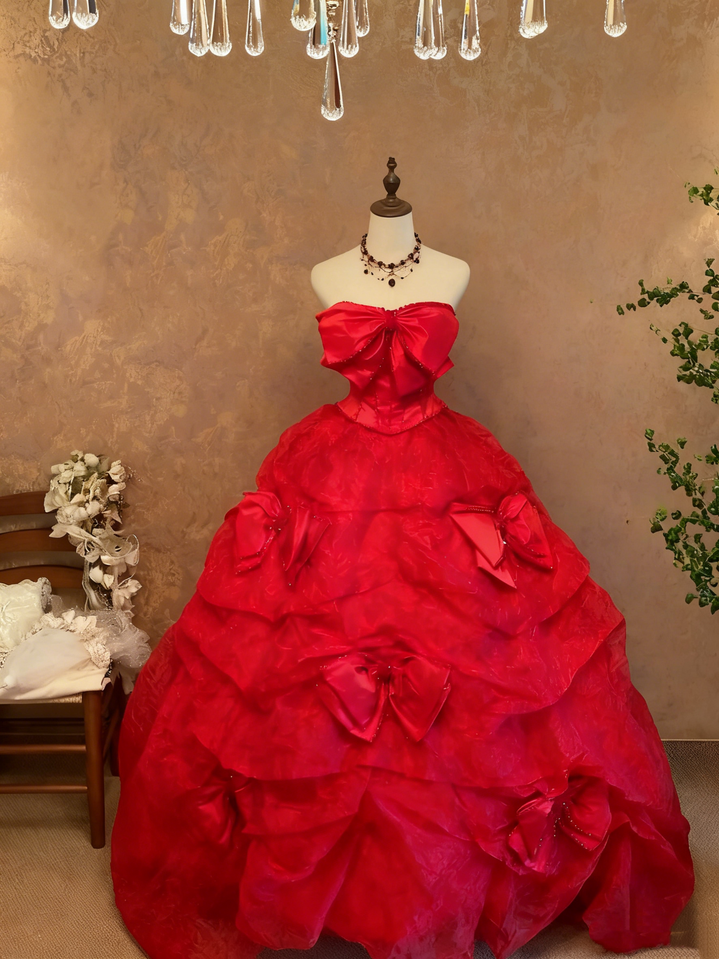 girlhomeshops-Crimson Satin Strapless Bow Rhinestone-Embellished Floor-Length Court-Style Gown gh6371