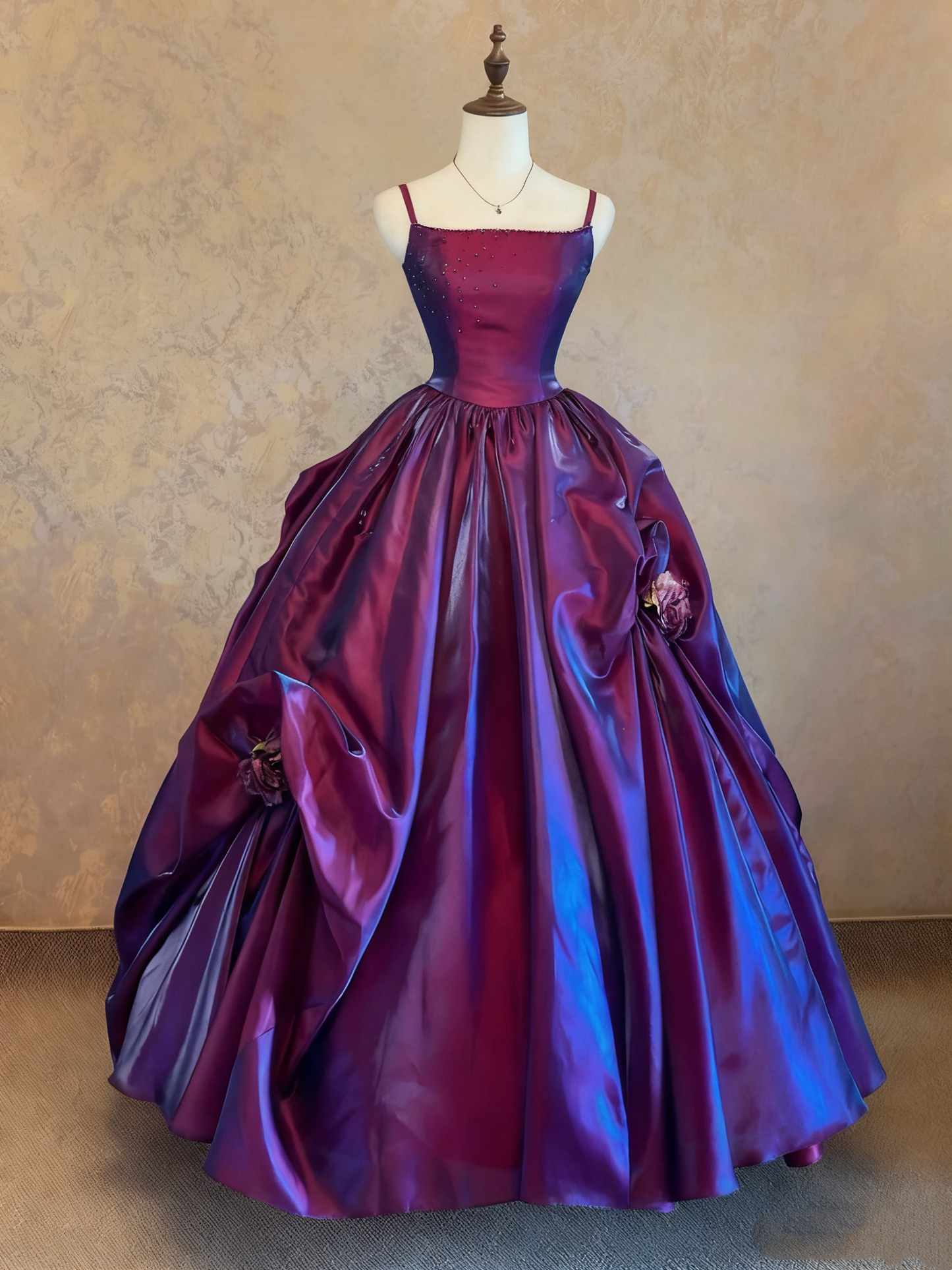 girlhomeshops-Purple-Blue Gradient Satin Spaghetti-Strap 3D Flower-Embellished Floor-Length Court-Style Gown gh6360