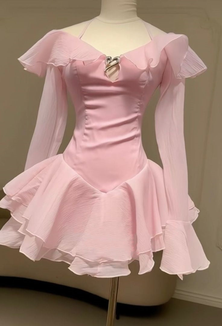 Robe de soirée courte en mousseline rose à volants, robe d'anniversaire gh4625