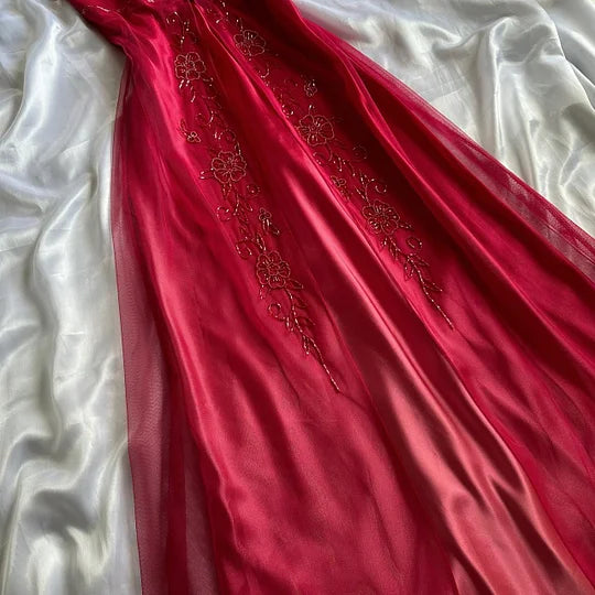 Red shiny exquisite elegant beaded fashion strap long chiffon ball gown, evening dress, party dress gh3516