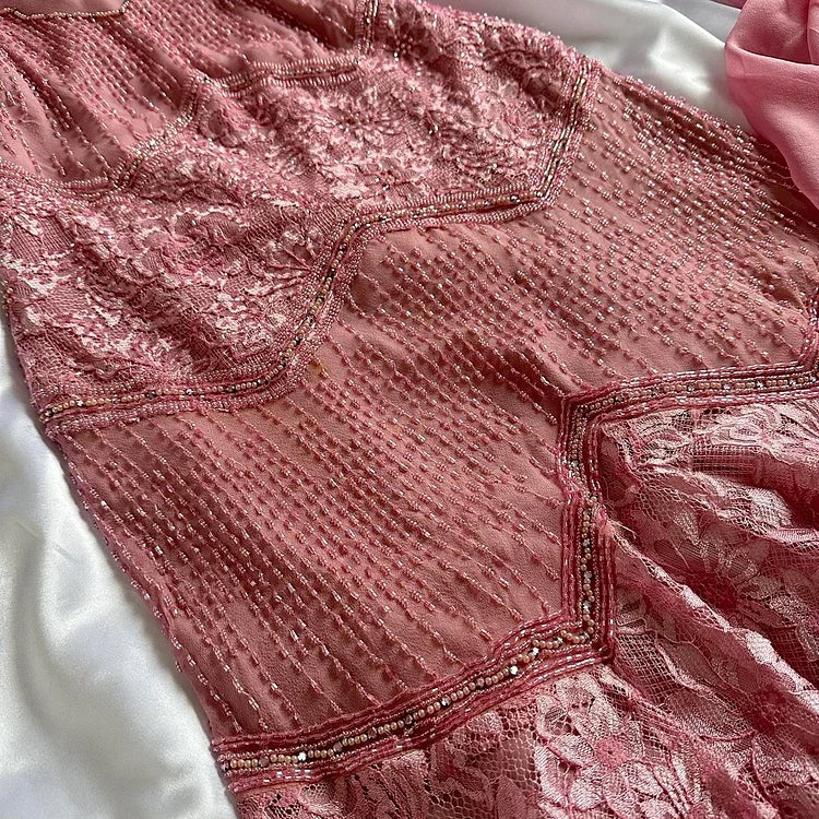 Robe de soirée longue en mousseline de soie, élégante et florale rose, avec perles exquises, gh4234