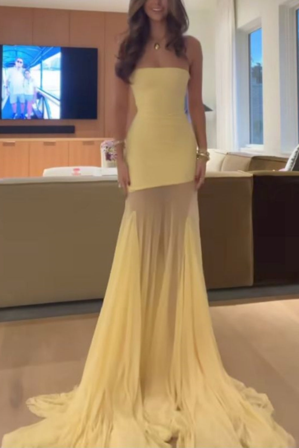 girlhomeshops-Gelb Elegante Meerjungfrau Schlank Lange Chiffon Ballkleid Abschlusskleid gh5930