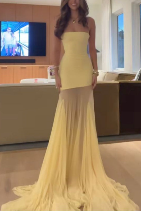 girlhomeshops-Gelb Elegante Meerjungfrau Schlank Lange Chiffon Ballkleid Abschlusskleid gh5930