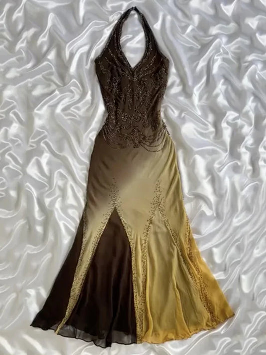 girlhomeshops - Robe de soirée sirène vintage à col halter, dégradé et perles brodées à la main gh6007