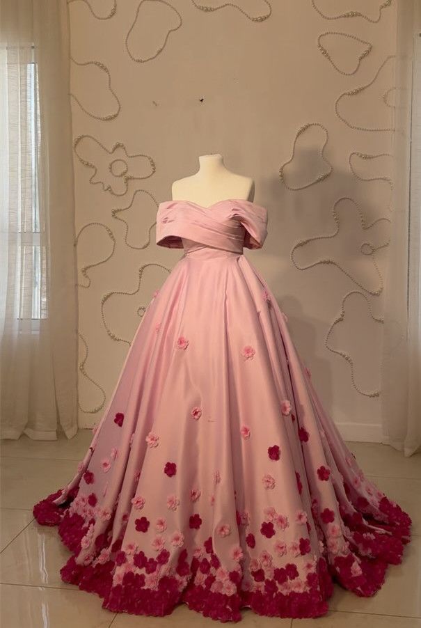 Rosa Wunderschöne Exquisite Floral Appliques Lange Bodenlangen Satin Ballkleid Abendkleid gh3380