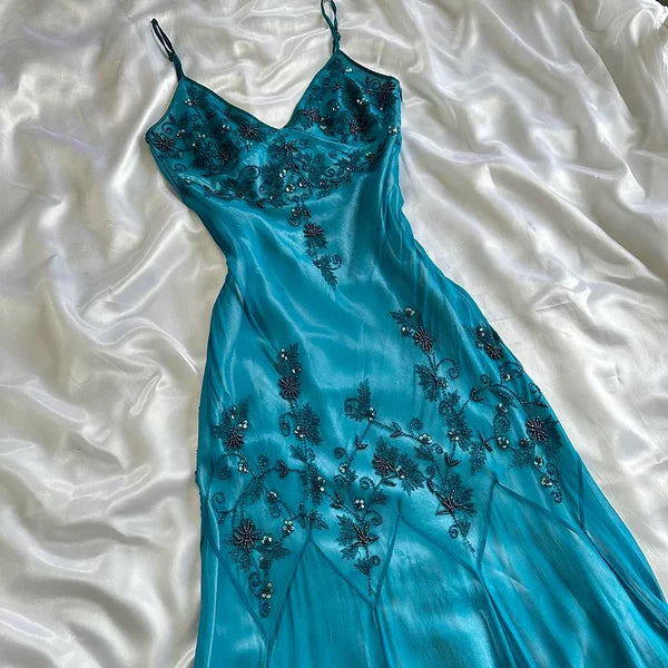 Blue fashion elegant delicate beading spaghetti straps long chiffon elegant ball gown evening dress party dress gh3493