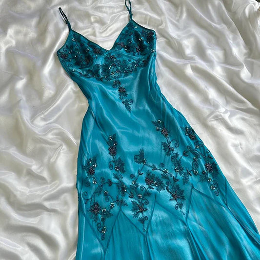Blue fashion elegant delicate beading spaghetti straps long chiffon elegant ball gown evening dress party dress gh3493
