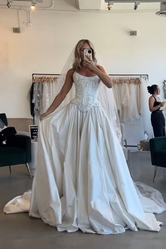 girlhomeshops-White, delicately beaded, long satin wedding dress gh6175