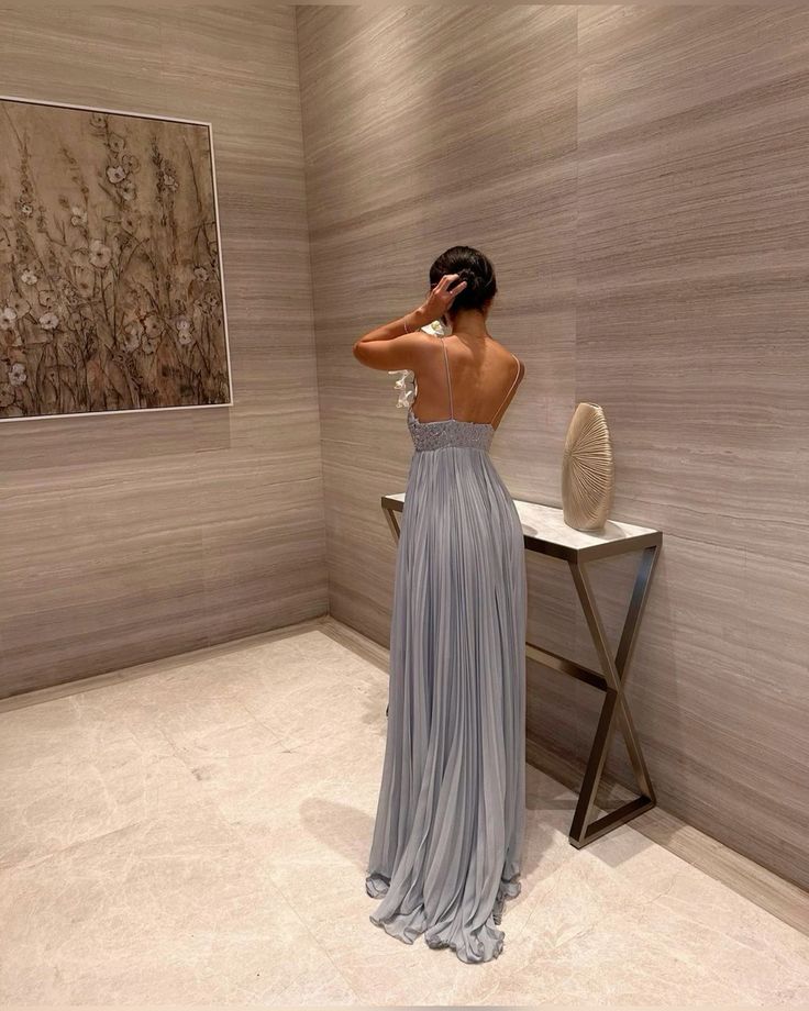 Blaues langes Abendkleid aus Spitze mit Spaghettiträgern, Brautjungfernkleid, schön und elegant, ärmellos, gh3044