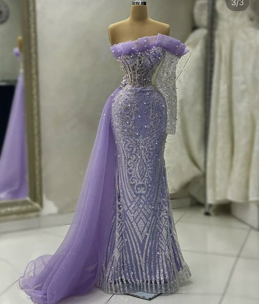 Robe de soirée longue en tulle perlé de luxe violet magnifique et exquise gh3401