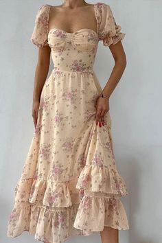 Girlhomeshops-Floral Ruffle Short Sleeve Long Chiffon Garden Party Dress Wedding Guest Dress gh5203