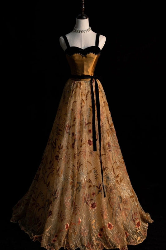 girlhomeshops-Gold-Brown-Black Paneled Embroidered Tulle Sleeveless Floor-Length Vintage Gown gh6323