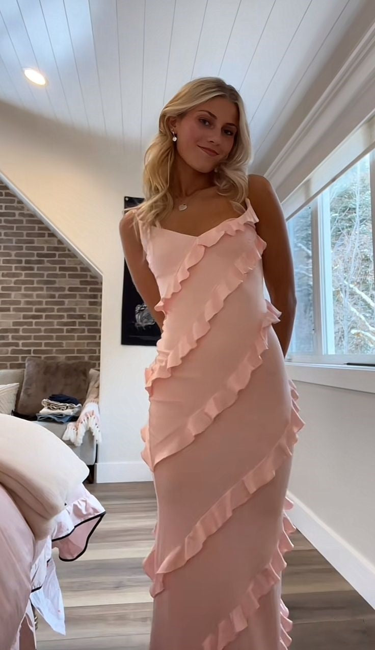 Pink Fashion Elegant Spaghetti Strap Long Mermaid Chiffon prom dress Ball Gown Evening Dress Party Dress gh3370