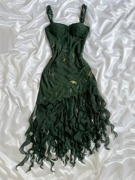 Girlhomeshops-Dark green chiffon short/long ruffled homecoming dress prom dress formal evening dress gh5137
