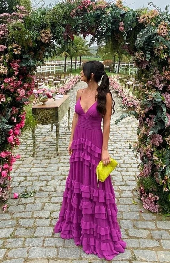 Purple New Fashion V-neck Spaghetti Strap Long Ruffle Chiffon Ball Gown Evening Dress Wedding Guest Dress gh3482