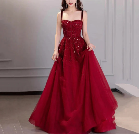 Burgundy sequins long prom dress evening dress  8976