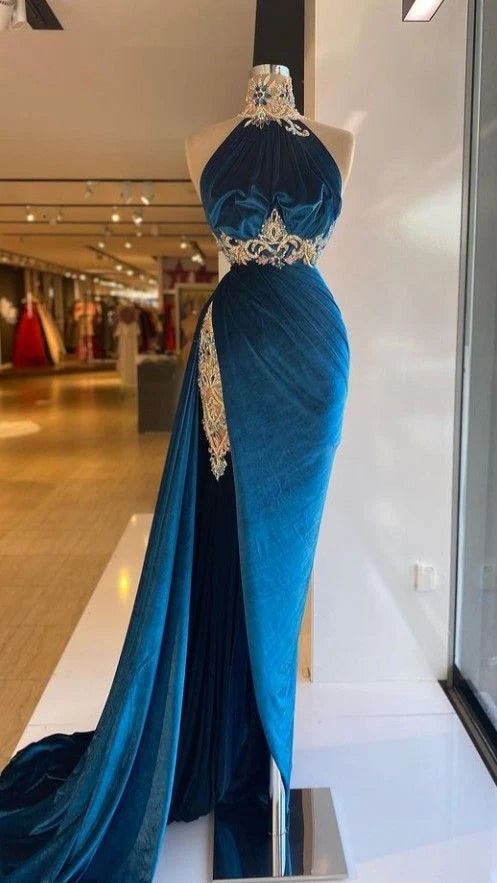 Robe de soirée longue en velours bleu sexy et élégante avec dentelle exquise et perles, fente au sol, robe de bal gh3413