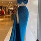 Robe de soirée longue en velours bleu sexy et élégante avec dentelle exquise et perles, fente au sol, robe de bal gh3413